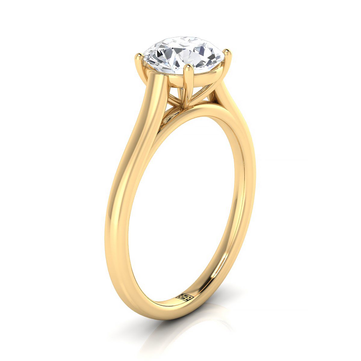 Round Brilliant, Elegant Cathedral Squared Edge Solitaire, in 18K Yellow Gold, prong setting – side profile | RockHer