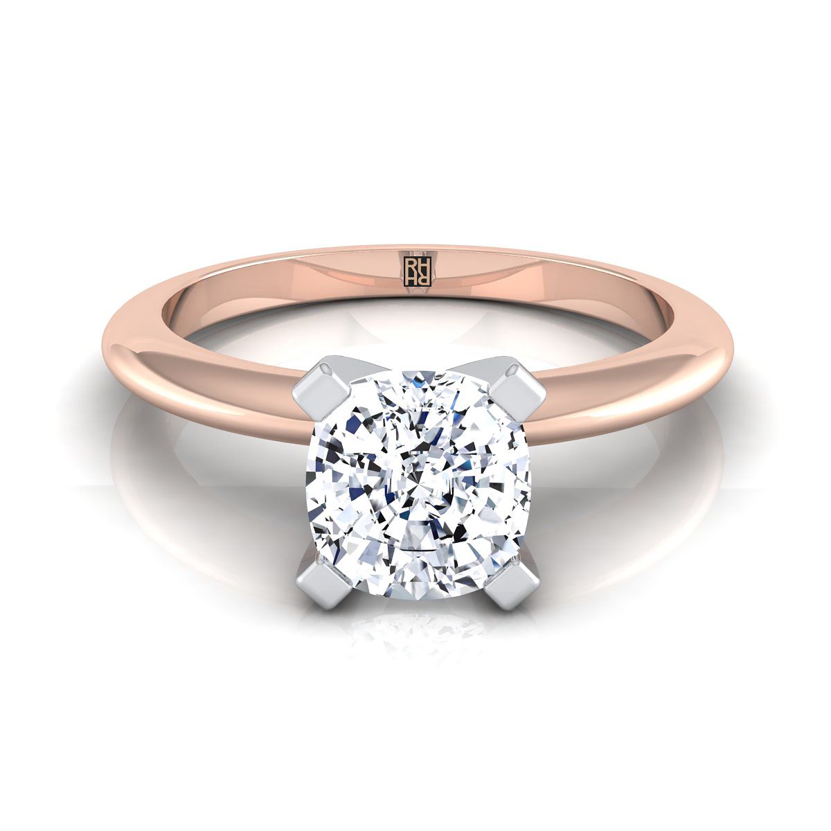 Classic Low Base Solitaire Cushion, in 14K Rose Gold, prong setting | RockHer