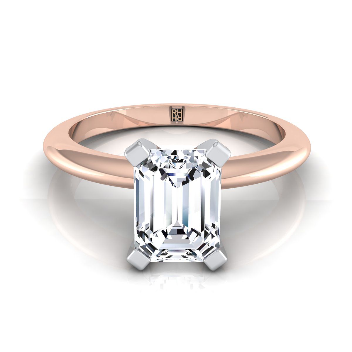 European Cut, Classic Low Base Solitaire Emerald, in 14K Rose Gold, prong setting | RockHer