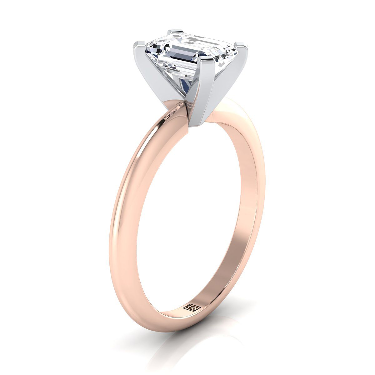 European Cut, Classic Low Base Solitaire Emerald, in 14K Rose Gold, prong setting – side profile | RockHer