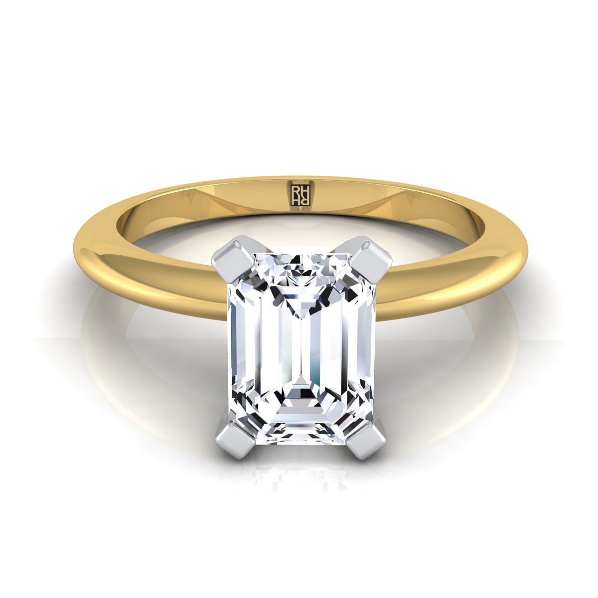 European Cut, Classic Low Base Solitaire Emerald, in 18K Yellow Gold, prong setting | RockHer