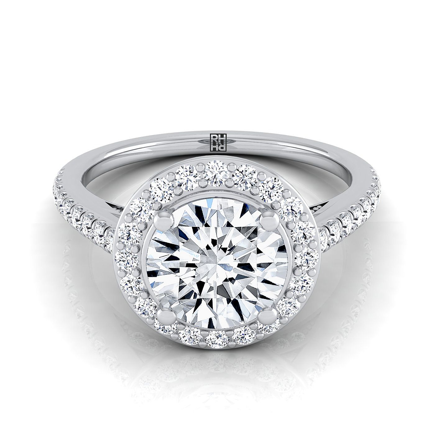 Round Brilliant, Secret Gallery French Pavé Halo, in 18K White Gold – view 8 | RockHer