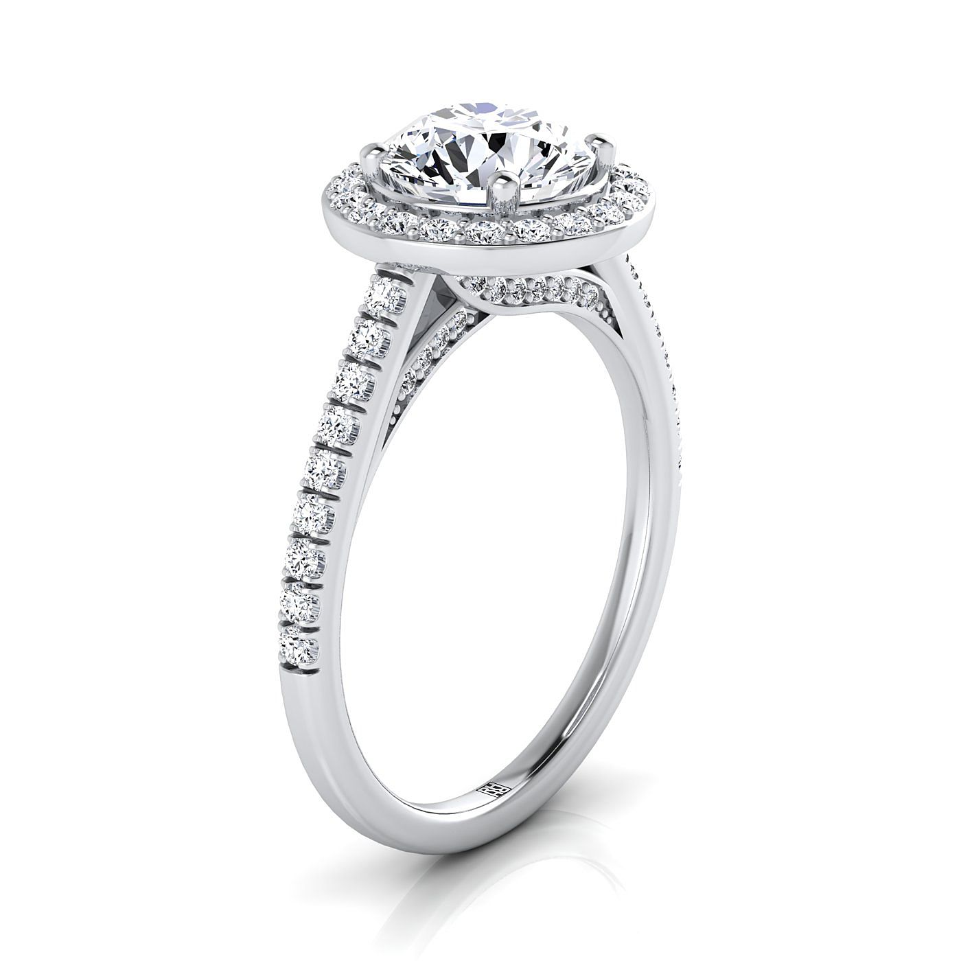 Round Brilliant, Secret Gallery French Pavé Halo, in 18K White Gold – view 9 | RockHer