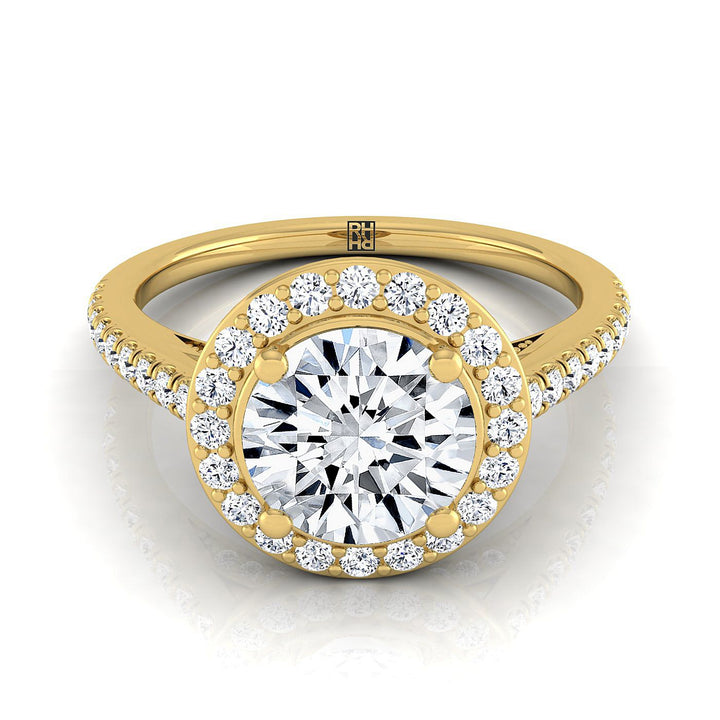 Round Brilliant, Secret Gallery French Pavé Halo, in 18K Yellow Gold – view 8 | RockHer