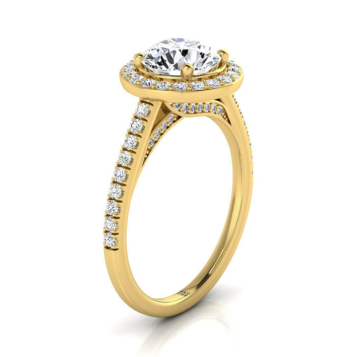 Round Brilliant, Secret Gallery French Pavé Halo, in 18K Yellow Gold – view 9 | RockHer