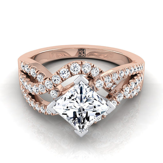 Bypass Twist Pavé Swirl Princess Cut Engagement Ring Setting in 14K Rose Gold