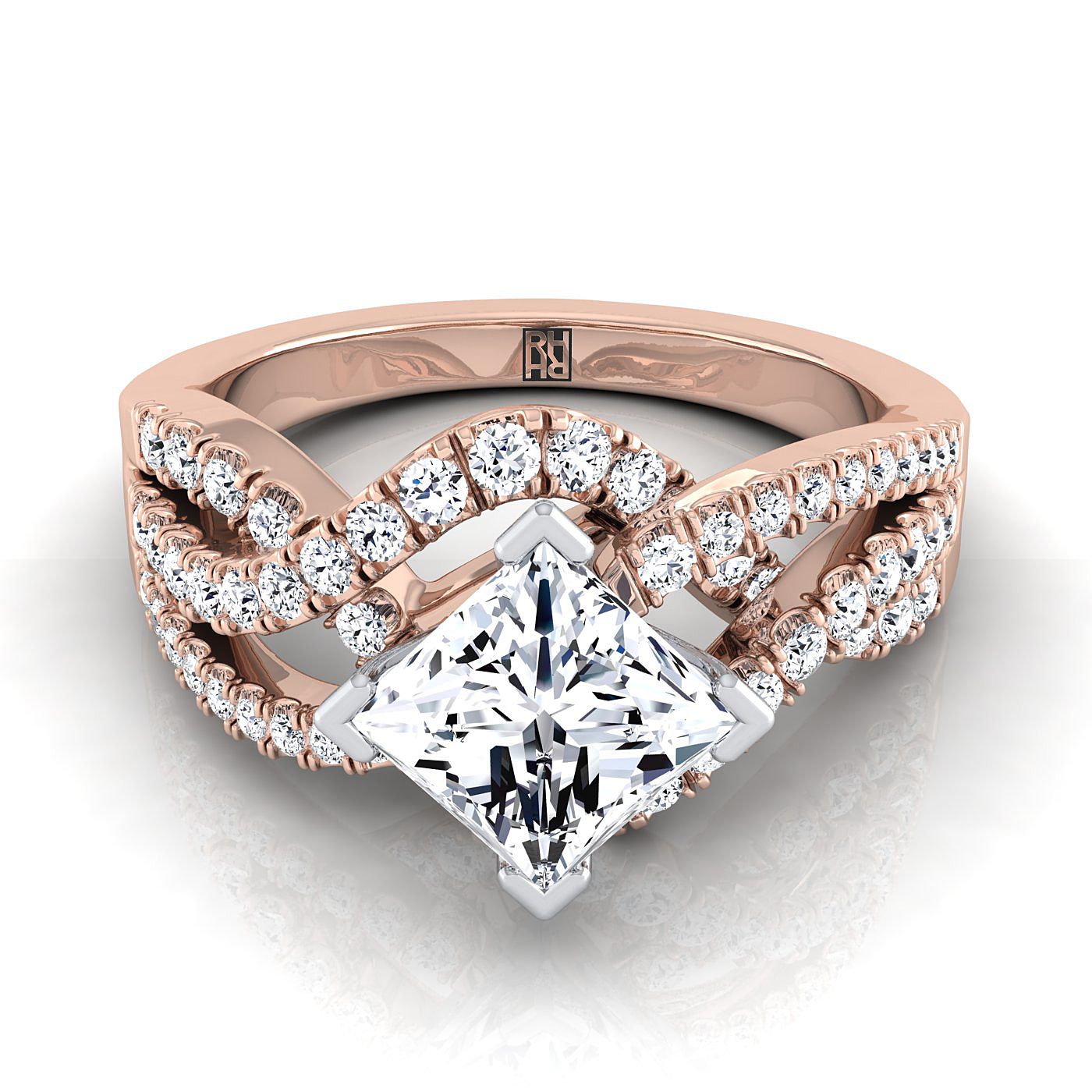 Bypass Twist Pavé Swirl Princess, in 14K Rose Gold, prong setting | RockHer