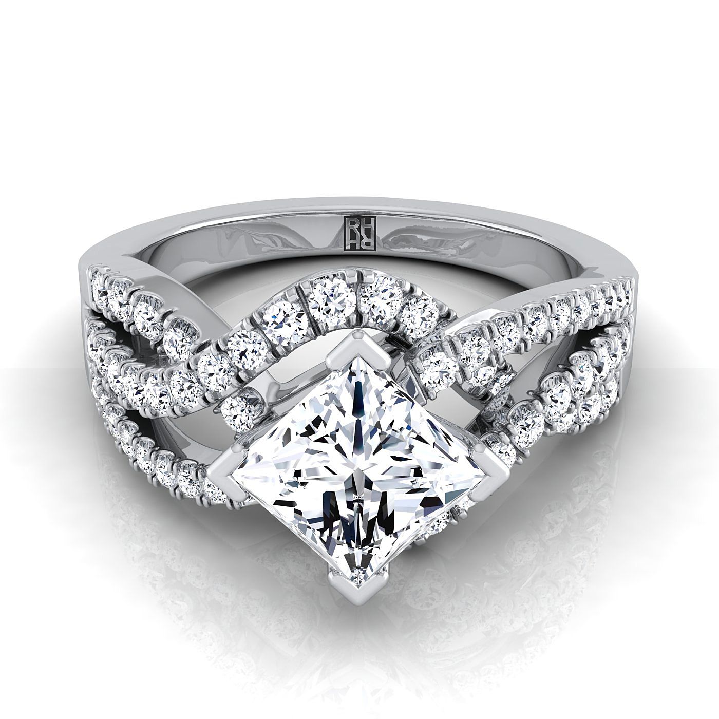 14K White Gold Princess Cut Bypass Twist French Pave Swirl Diamond Engagement Ring -1/2ctw