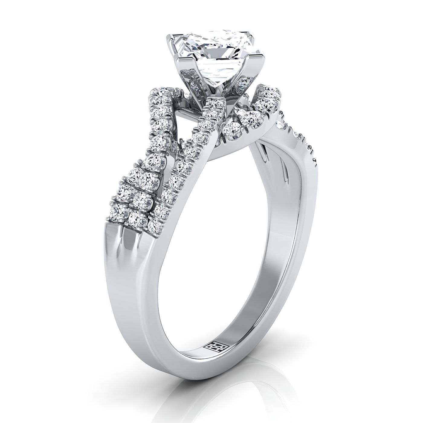 14K White Gold Princess Cut Bypass Twist French Pave Swirl Diamond Engagement Ring -1/2ctw