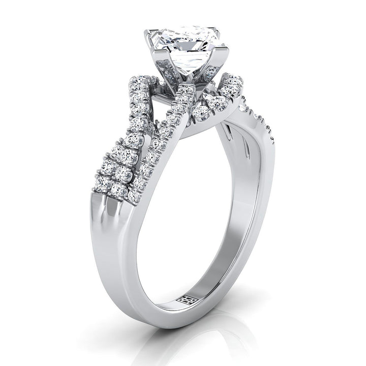 14K White Gold Princess Cut Bypass Twist French Pave Swirl Diamond Engagement Ring -1/2ctw