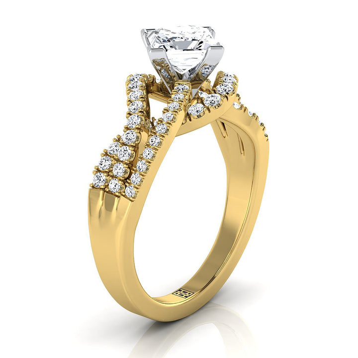 18K Yellow Gold Princess Cut Bypass Twist French Pave Swirl Diamond Engagement Ring -1/2ctw