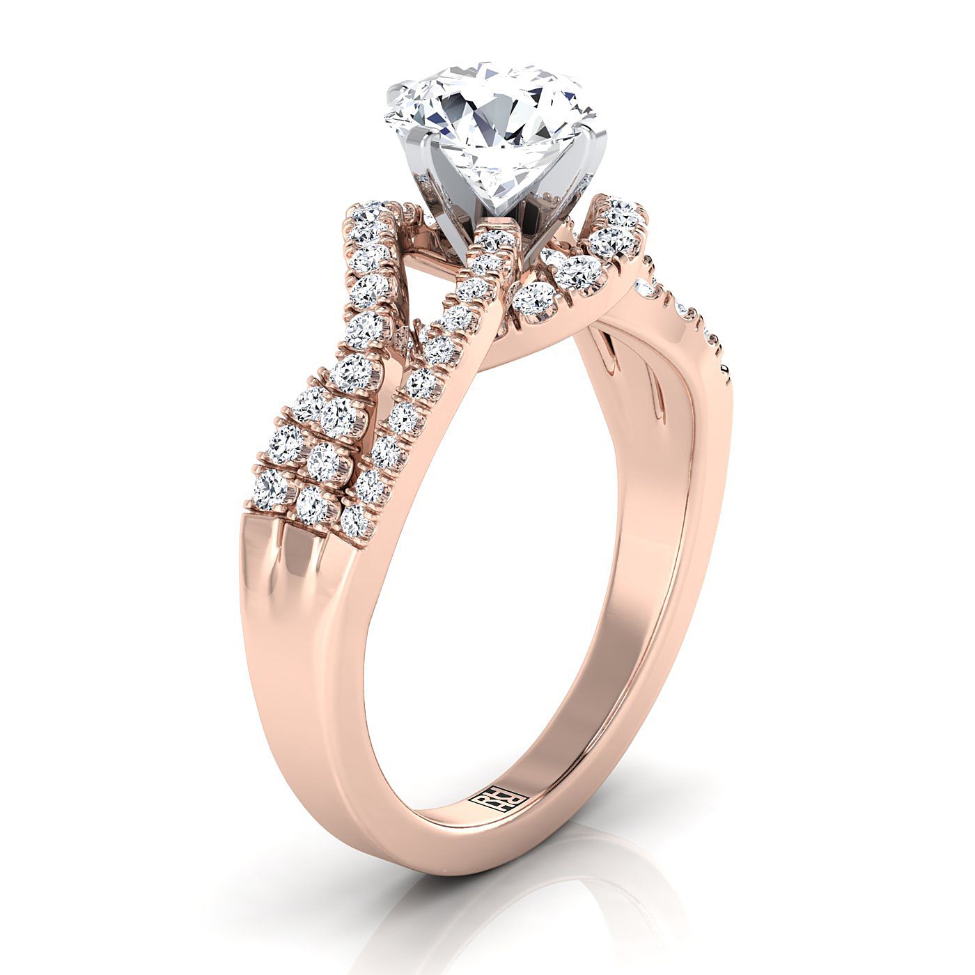 14K Rose Gold Round Brilliant Bypass Twist French Pave Swirl Diamond Engagement Ring -1/2ctw