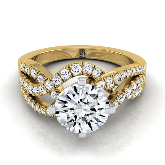18K Yellow Gold Round Brilliant Bypass Twist French Pave Swirl Diamond Engagement Ring -1/2ctw