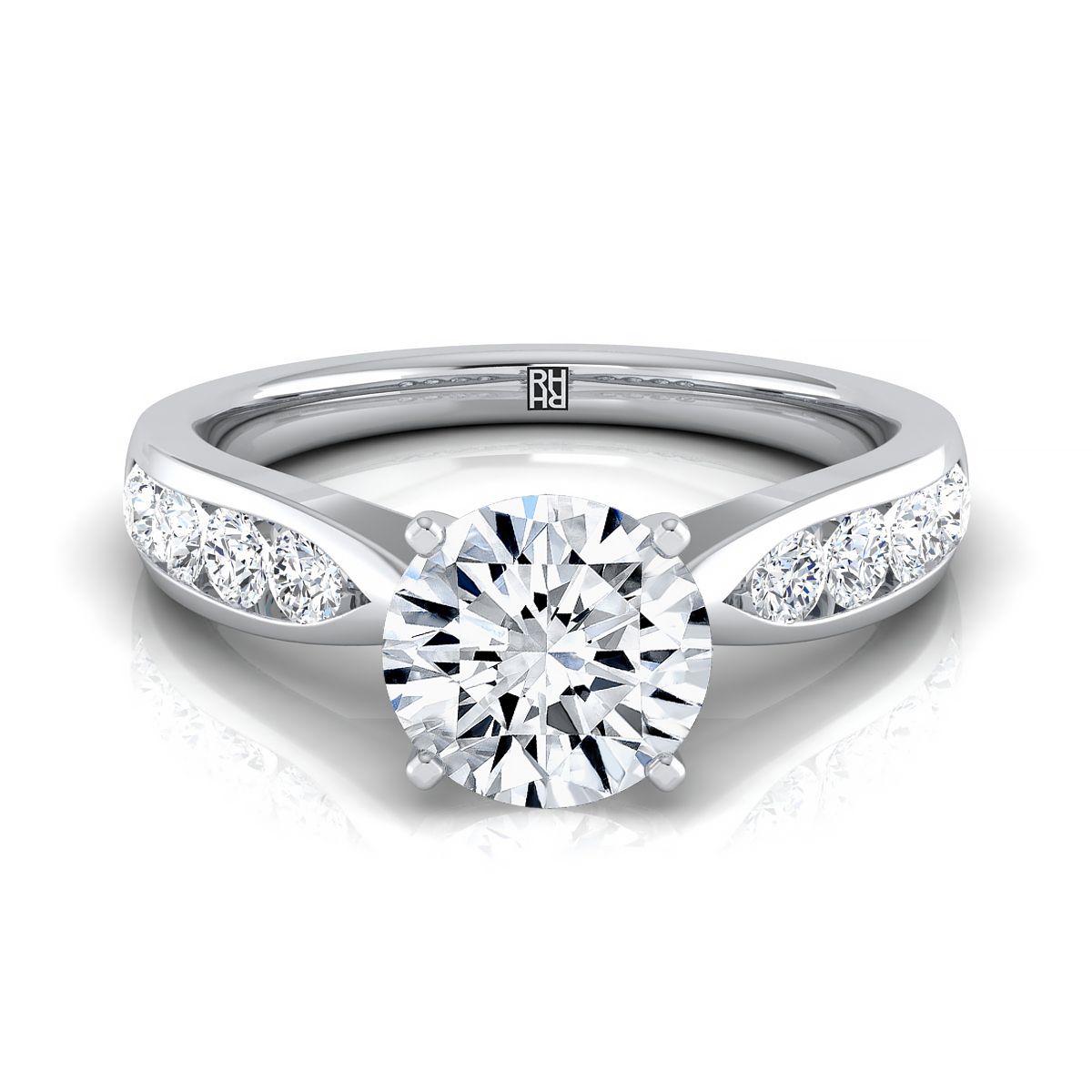 Round Brilliant, Pinched Channel Side Stone, in 18K White Gold | RockHer