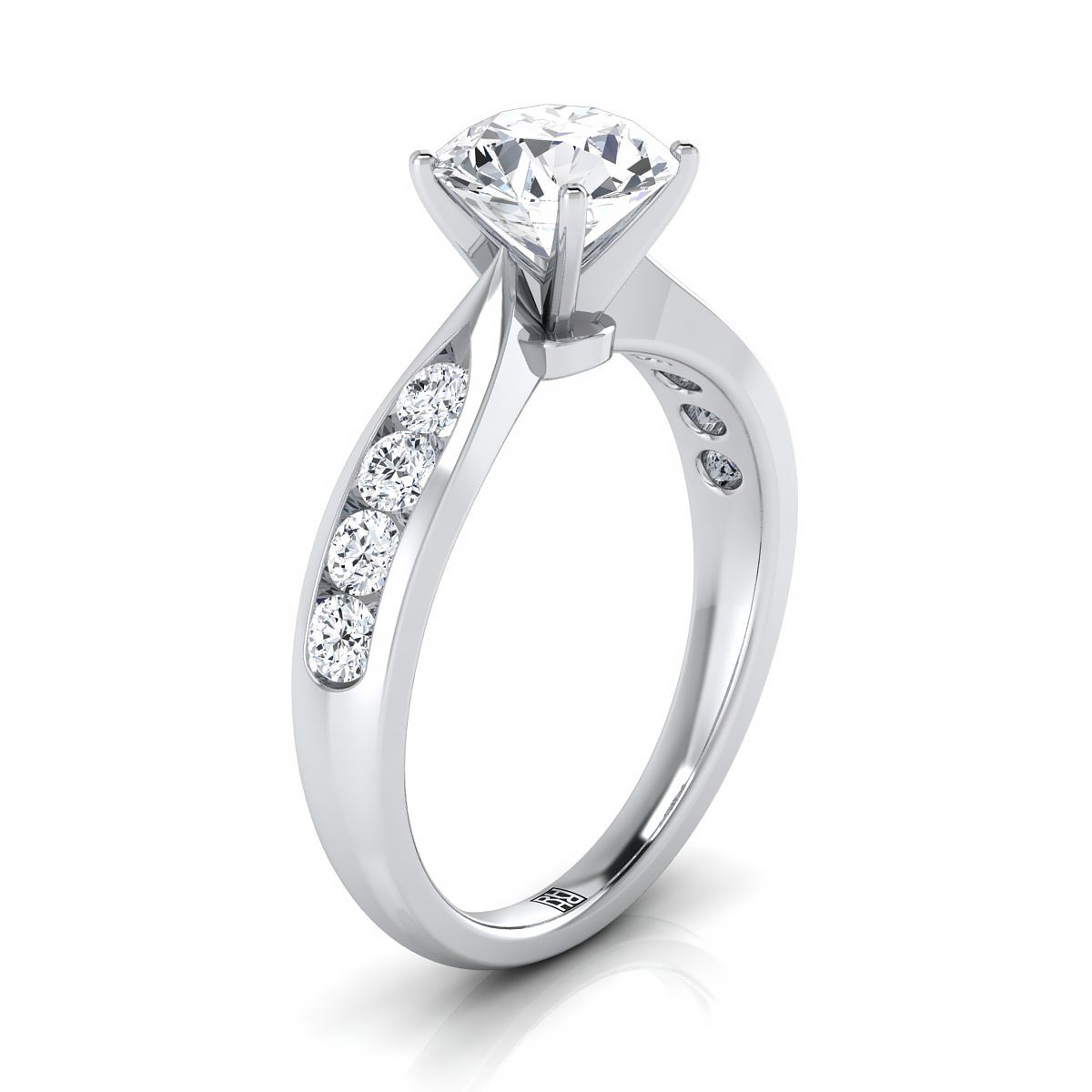 Round Brilliant, Pinched Channel Side Stone, in 18K White Gold – side profile | RockHer