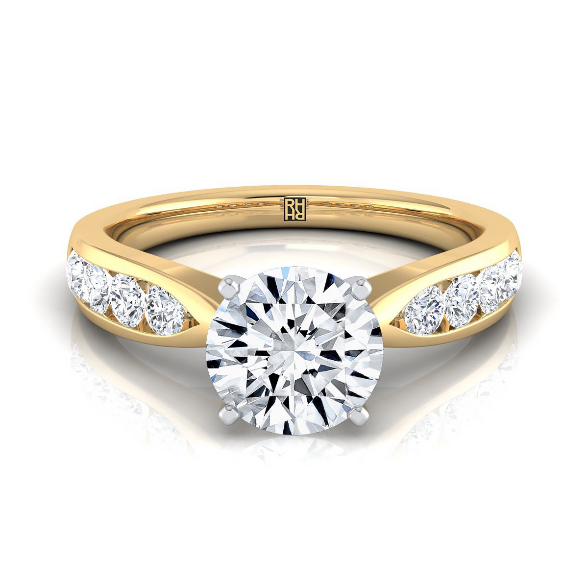 Round Brilliant, Pinched Channel Side Stone, in 18K Yellow Gold | RockHer