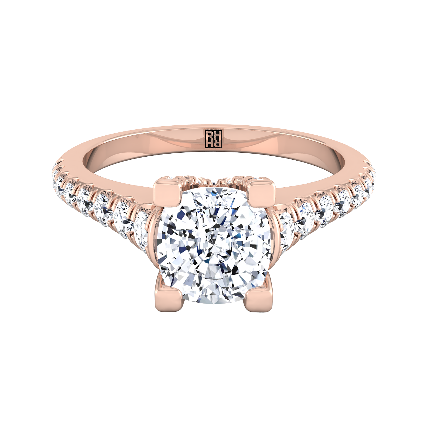 Cushion Diamond Pave Prong Linear Engagement Ring -1/2ctw, in 14K Rose Gold – detail view | RockHer