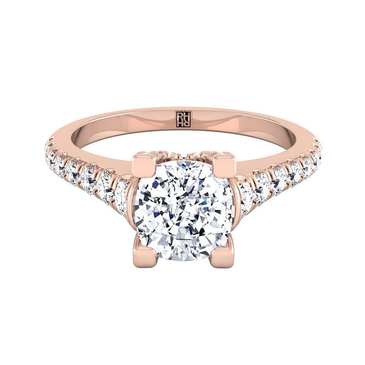 Cushion Diamond Pave Prong Linear Engagement Ring -1/2ctw, in 14K Rose Gold – detail view | RockHer