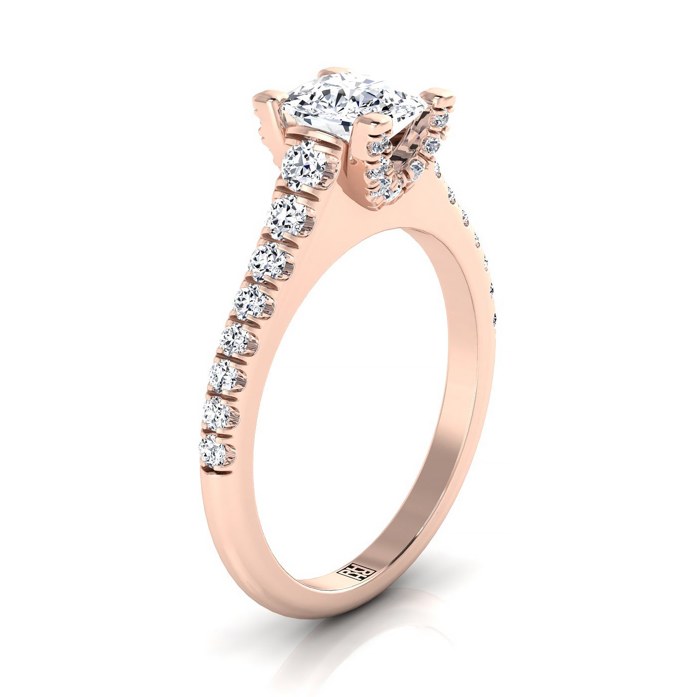 Cushion Diamond Pave Prong Linear Engagement Ring -1/2ctw, in 14K Rose Gold – side profile | RockHer
