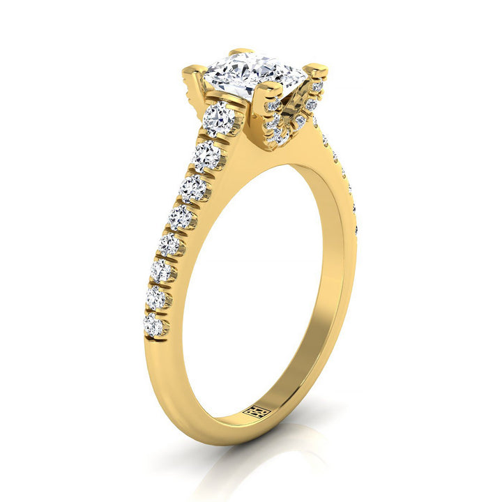 14K Yellow Gold Cushion Diamond Pave Prong Linear Engagement Ring -1/2ctw