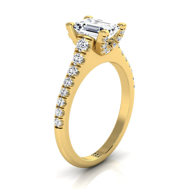 18K Yellow Gold Emerald Cut Diamond Pave Prong Linear Engagement Ring -1/2ctw