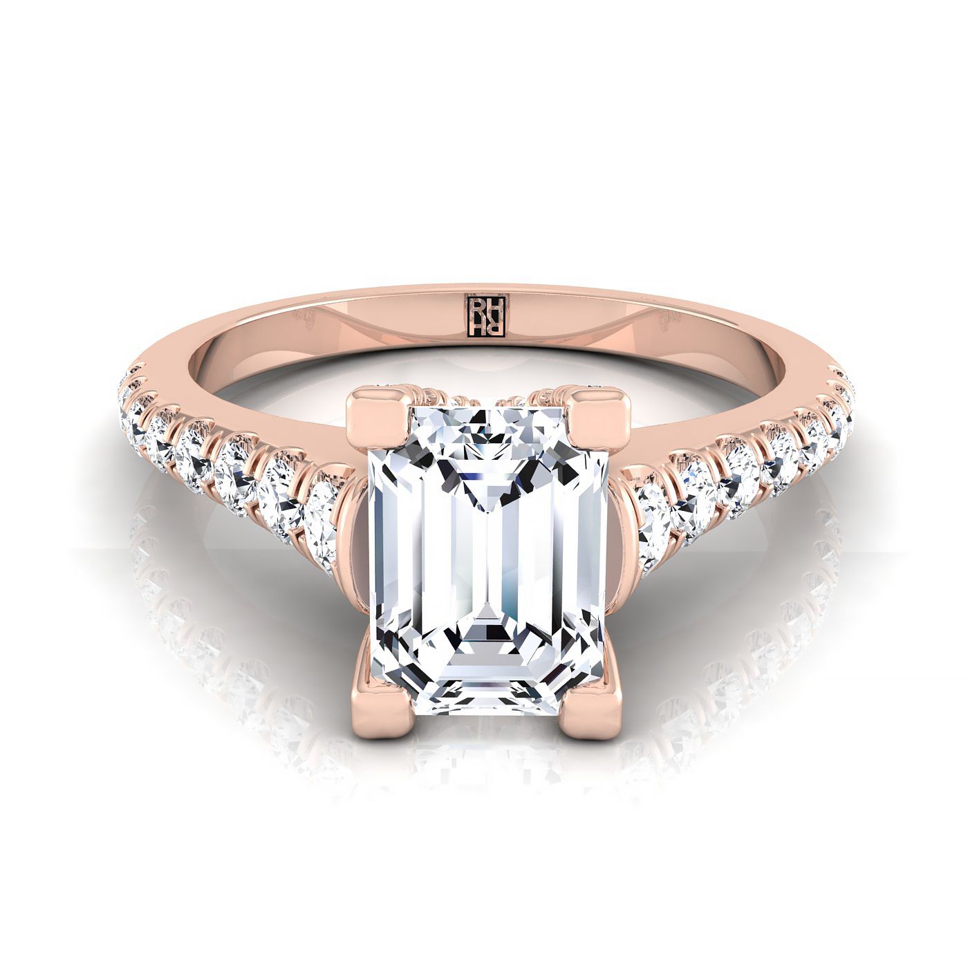 European Cut, Emerald Diamond Pave Prong Linear Engagement Ring -1/2ctw, in 14K Rose Gold | RockHer