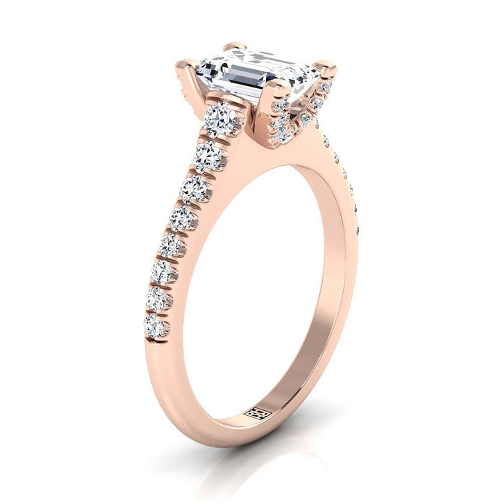 European Cut, Emerald Diamond Pave Prong Linear Engagement Ring -1/2ctw, in 14K Rose Gold – side profile | RockHer