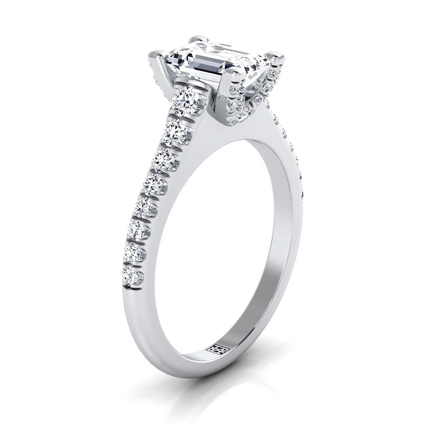 European Cut, Emerald Diamond Pave Prong Linear Engagement Ring -1/2ctw, in 18K White Gold – side profile | RockHer