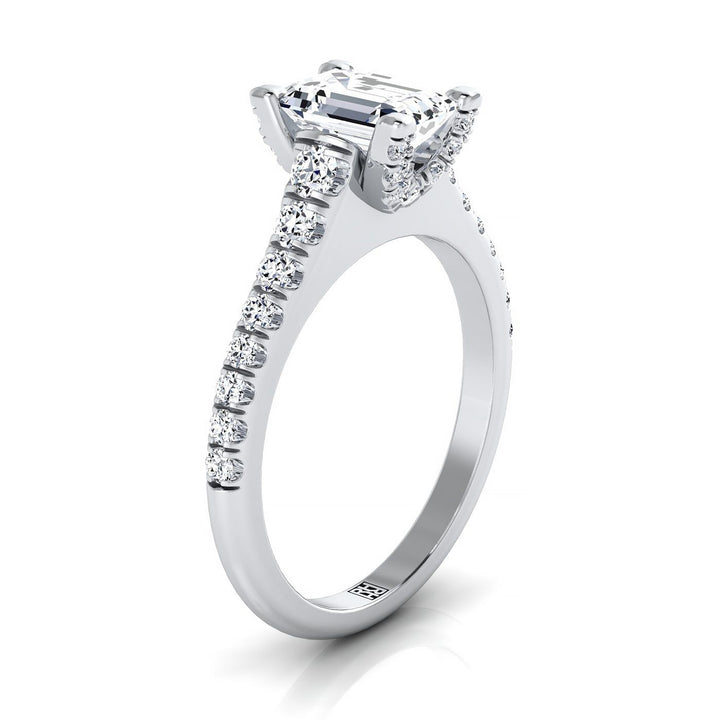 European Cut, Emerald Diamond Pave Prong Linear Engagement Ring -1/2ctw, in 18K White Gold – side profile | RockHer