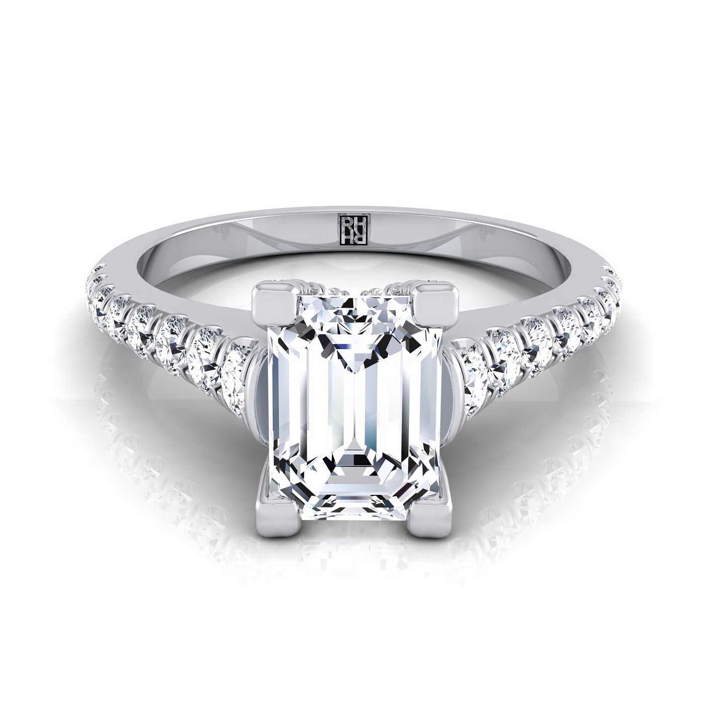 European Cut, Emerald Diamond Pave Prong Linear Engagement Ring -1/2ctw, in 18K White Gold | RockHer