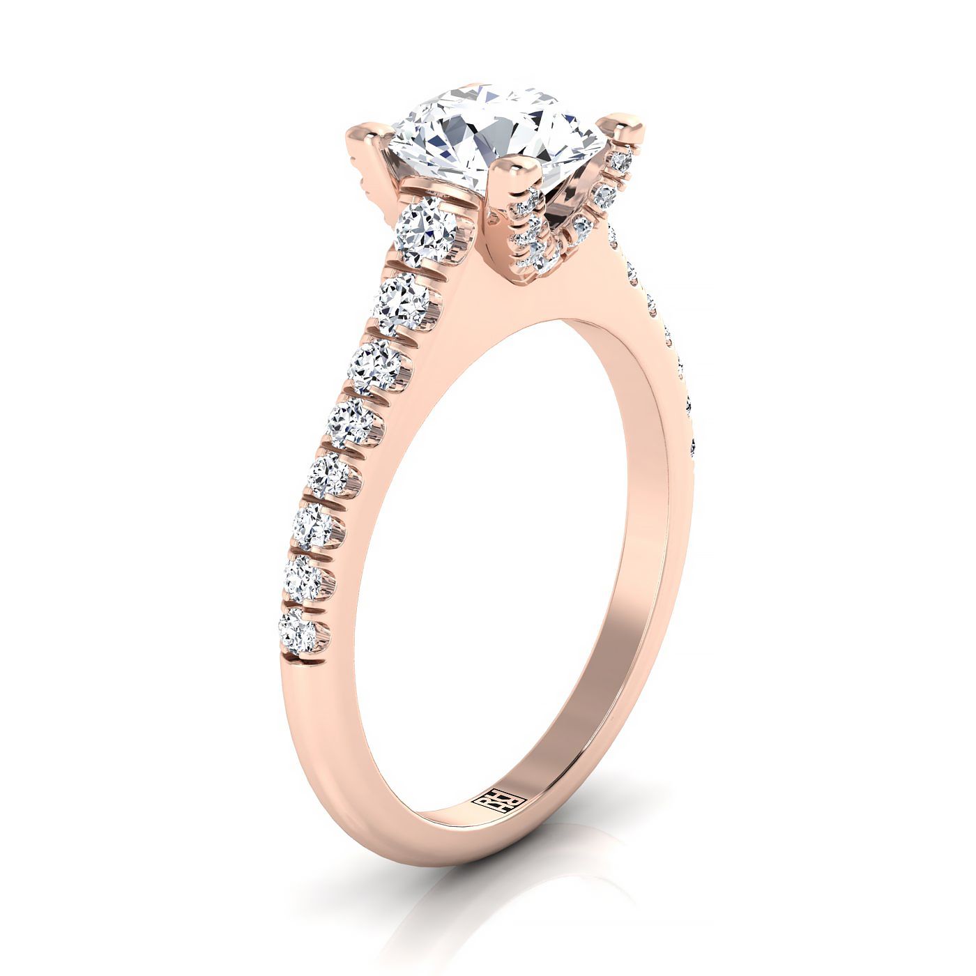 14K Rose Gold Round Brilliant Diamond Pave Prong Linear Engagement Ring -1/2ctw