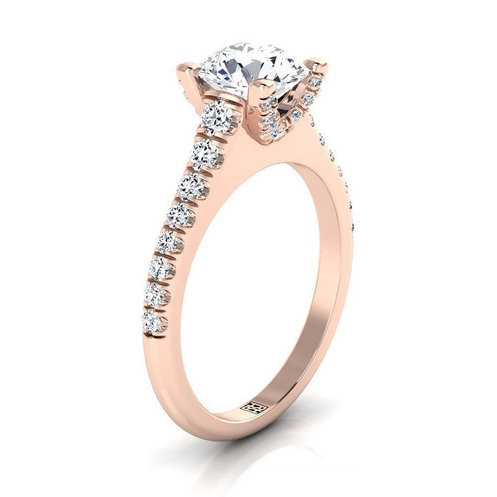 14K Rose Gold Round Brilliant Diamond Pave Prong Linear Engagement Ring -1/2ctw