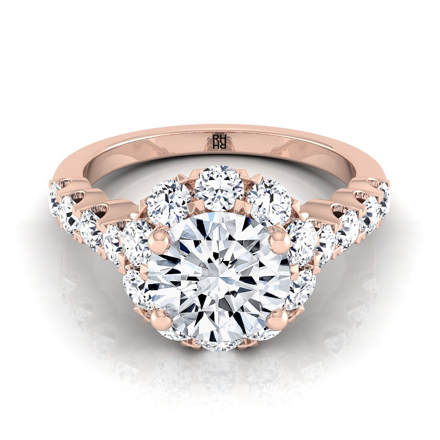 Round Brilliant, Shared Prong Halo Linear Band, in 14K Rose Gold – view 8 | RockHer
