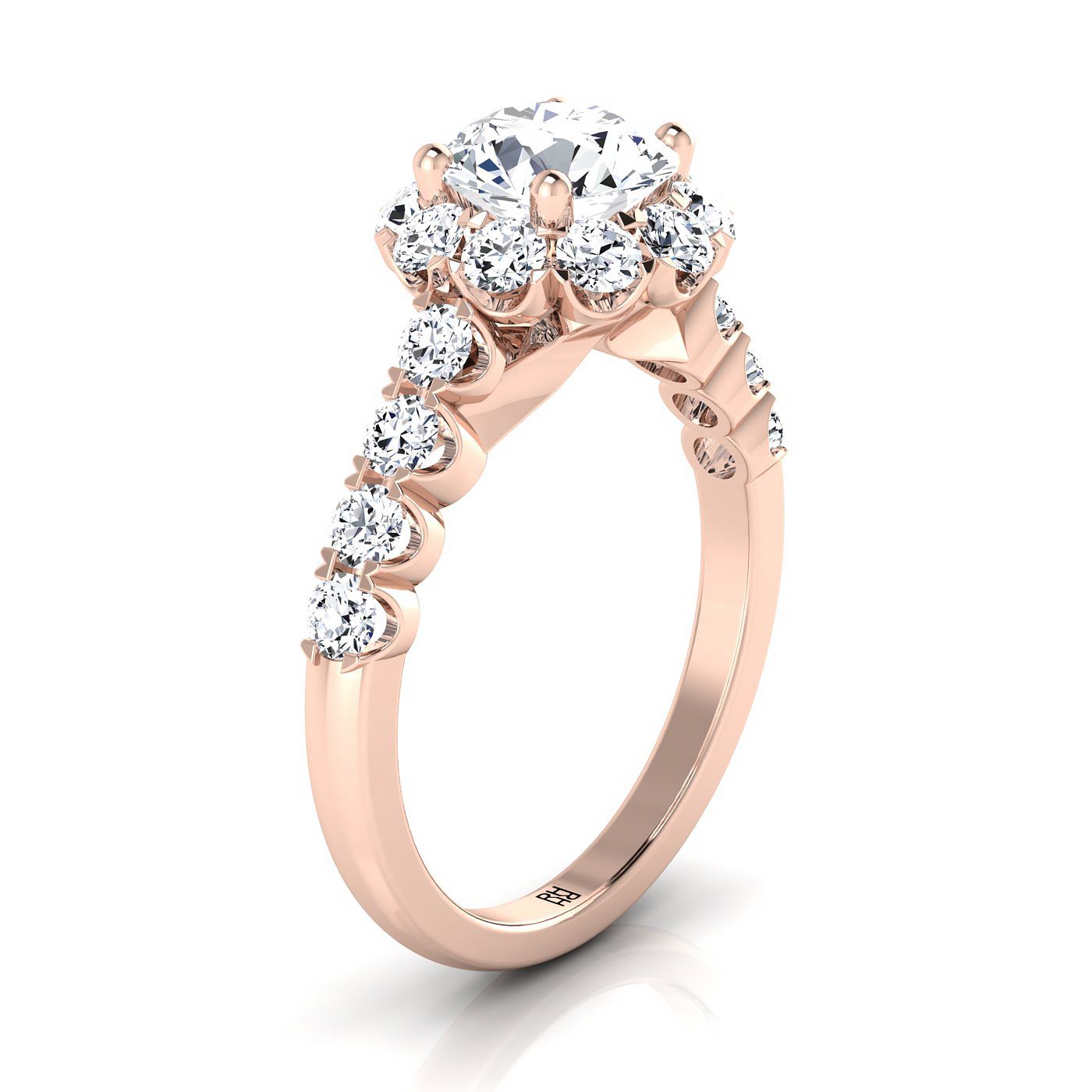 Round Brilliant, Shared Prong Halo Linear Band, in 14K Rose Gold – view 9 | RockHer