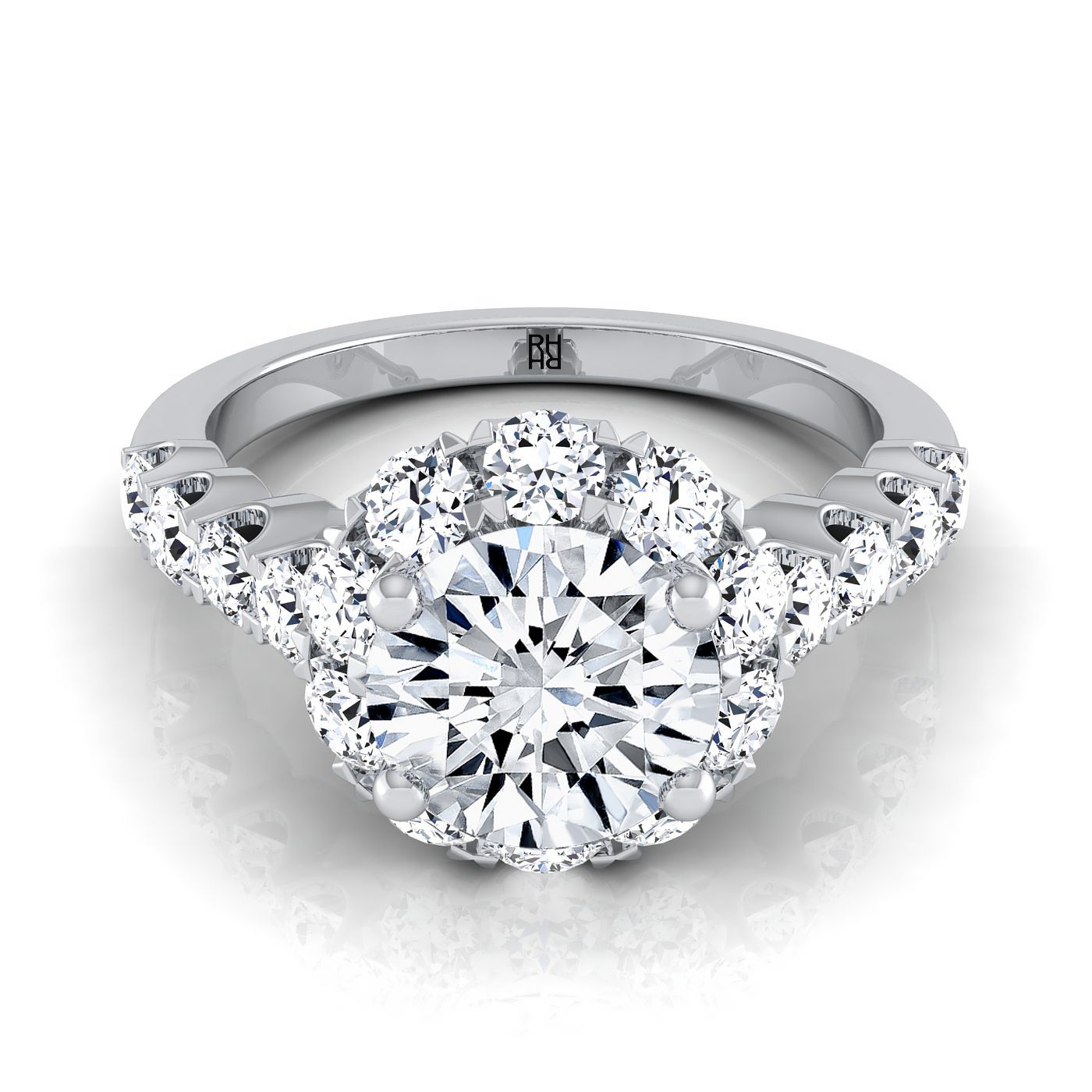 Round Brilliant, Shared Prong Halo Linear Band, in 18K White Gold – view 8 | RockHer