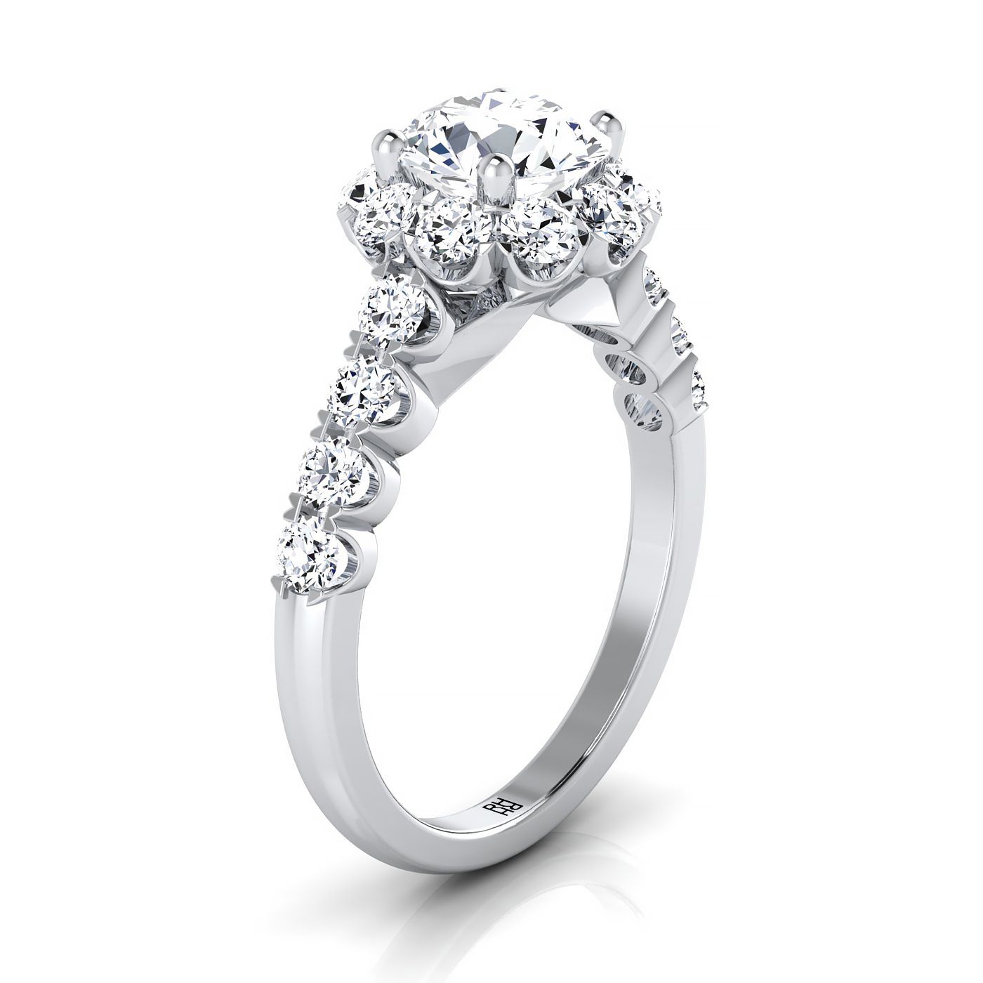 Round Brilliant, Shared Prong Halo Linear Band, in 18K White Gold – view 9 | RockHer