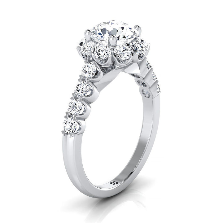 Round Brilliant, Shared Prong Halo Linear Band, in 18K White Gold – view 9 | RockHer