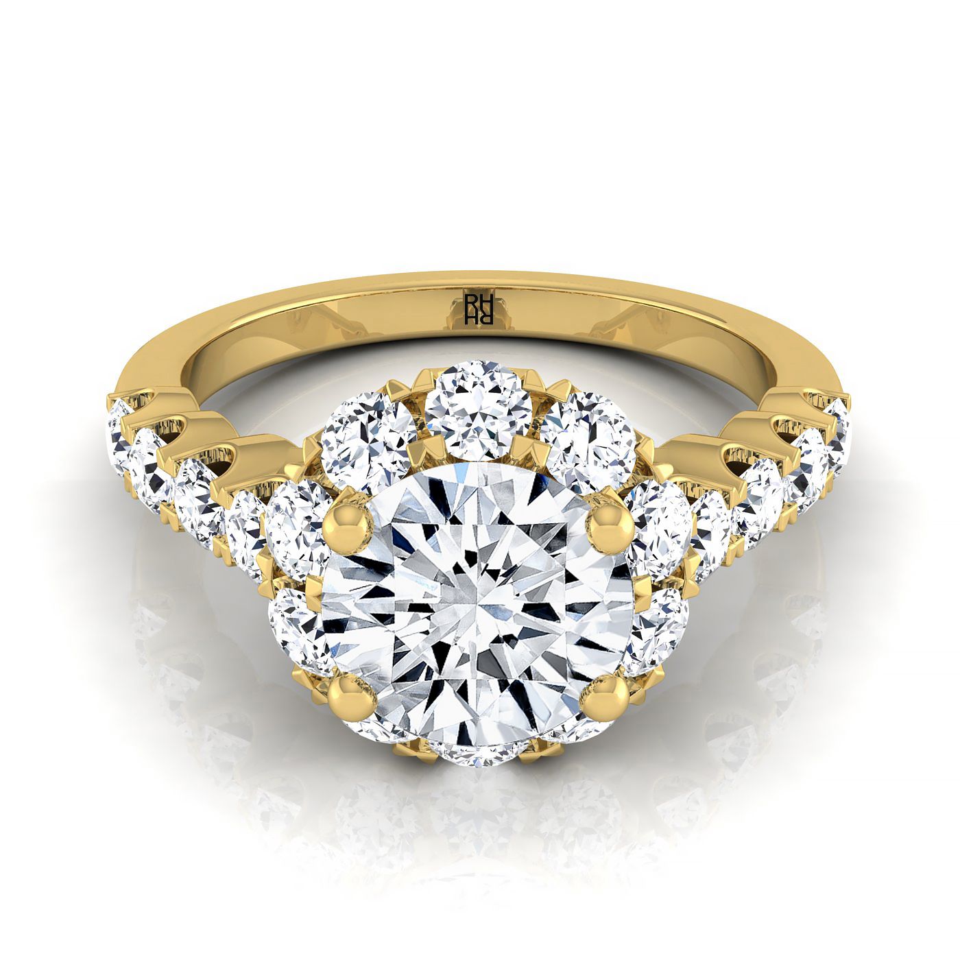 Round Brilliant, Shared Prong Halo Linear Band, in 18K Yellow Gold – view 8 | RockHer