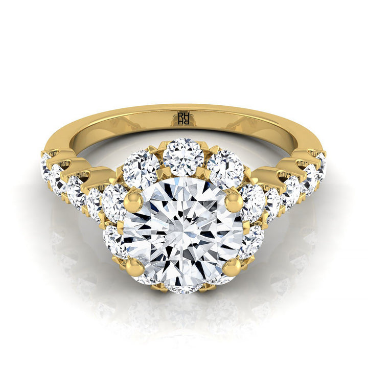 Round Brilliant, Shared Prong Halo Linear Band, in 18K Yellow Gold – view 8 | RockHer