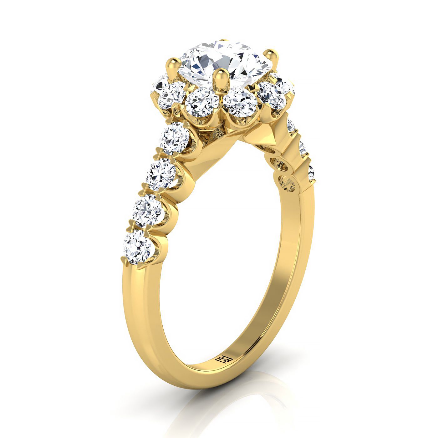 Round Brilliant, Shared Prong Halo Linear Band, in 18K Yellow Gold – view 9 | RockHer