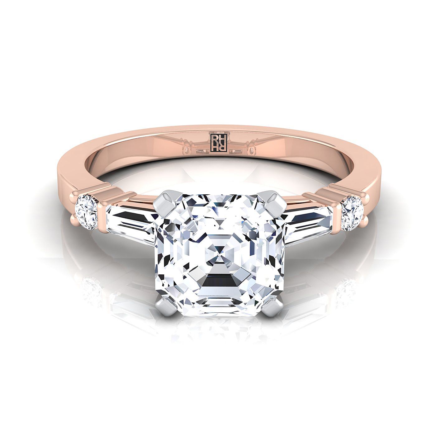 Baguette and Round Side Stone Asscher, in 14K Rose Gold, prong setting | RockHer