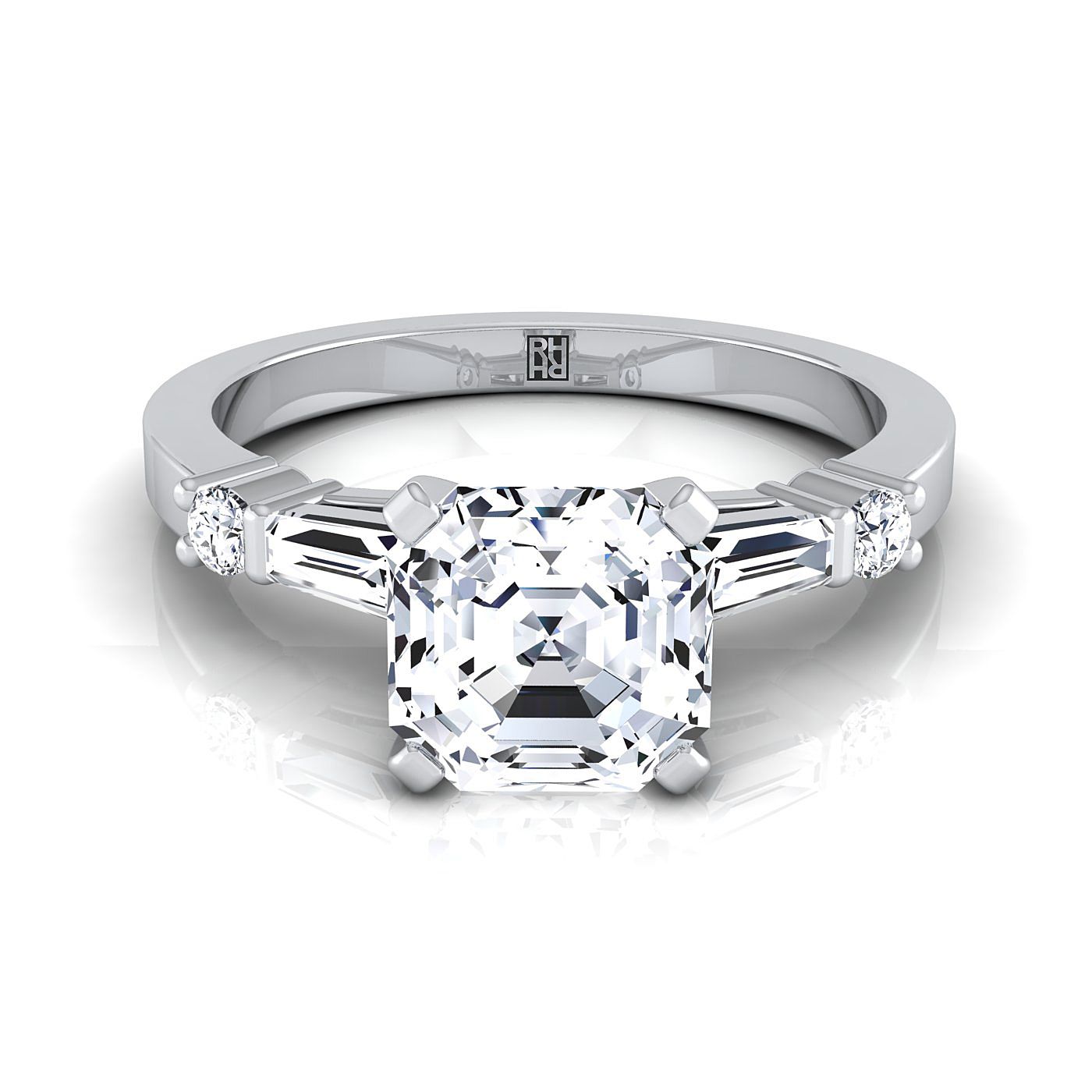 Baguette and Round Side Stone Asscher, in 18K White Gold | RockHer