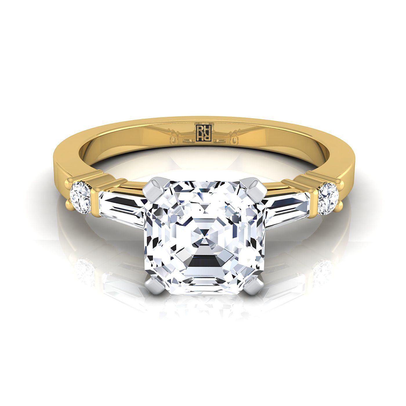Baguette and Round Side Stone Asscher, in 18K Yellow Gold | RockHer