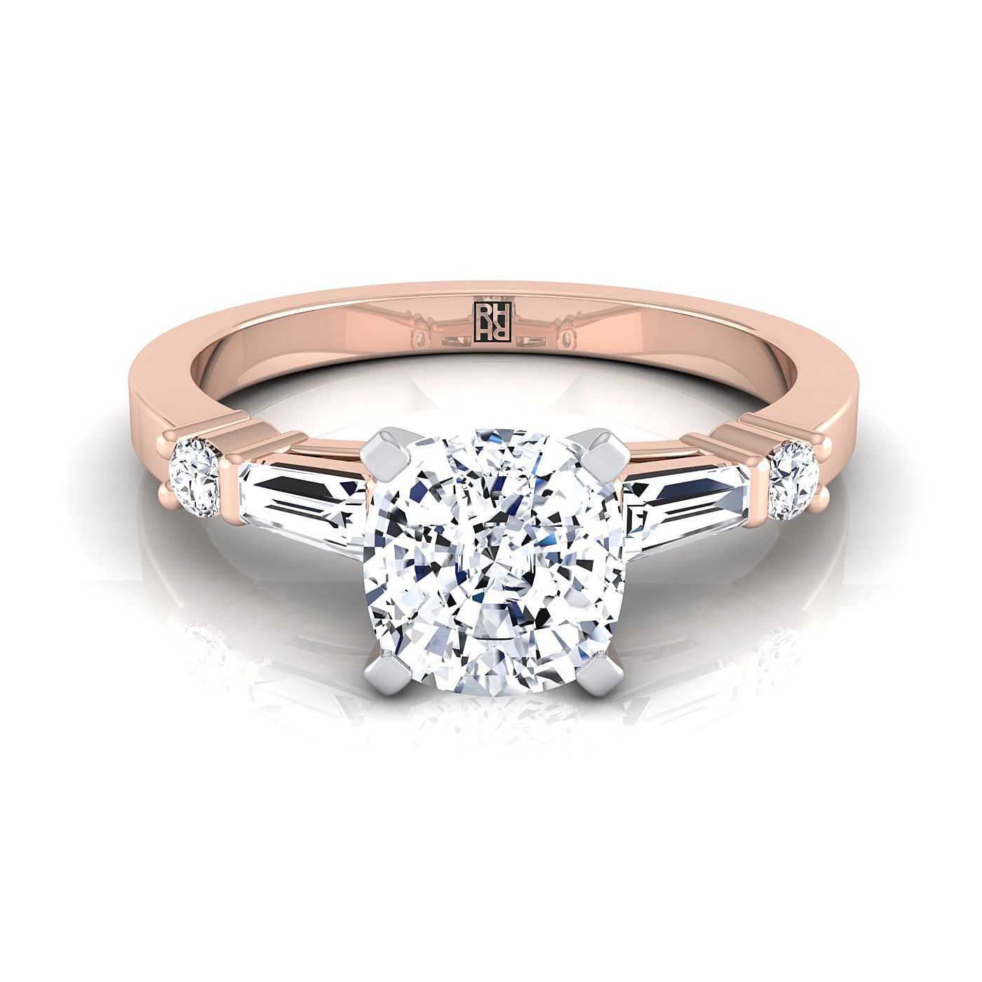 Baguette and Round Side Stone Cushion, in 14K Rose Gold, prong setting | RockHer