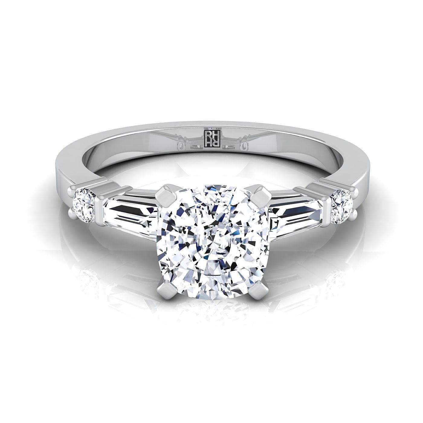 Baguette and Round Side Stone Cushion, in 18K White Gold | RockHer