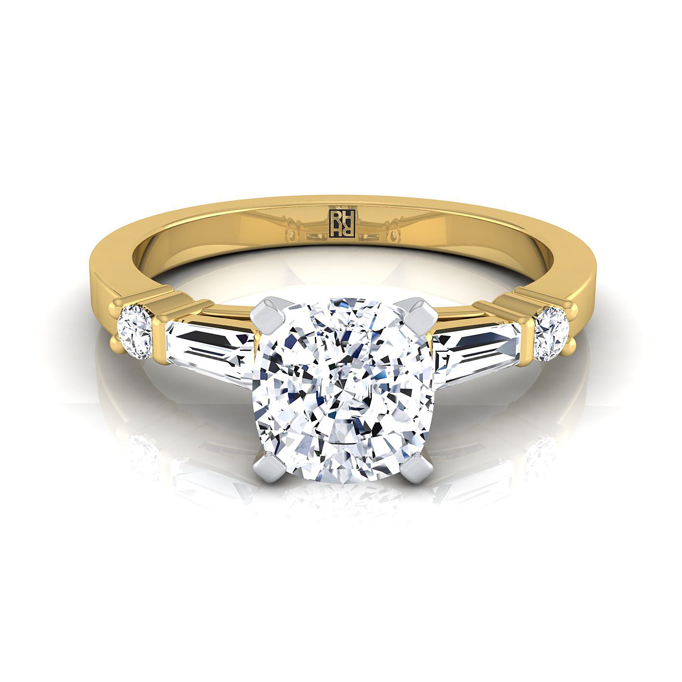 Baguette and Round Side Stone Cushion, in 18K Yellow Gold | RockHer