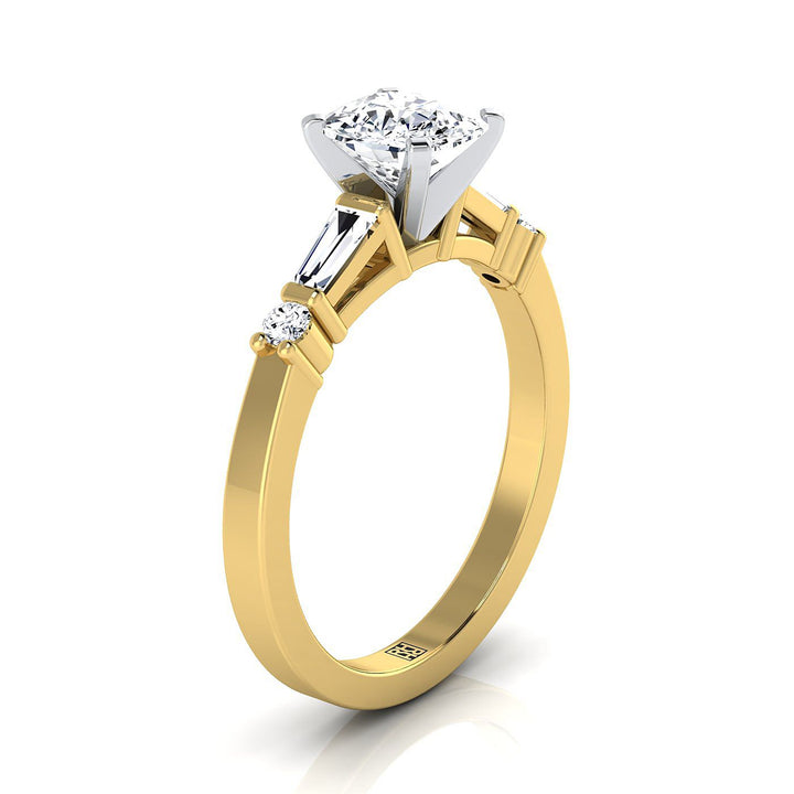 14K Yellow Gold Cushion Diamond Simple Baguette and Round Solitaire Engagement Ring -1/4ctw