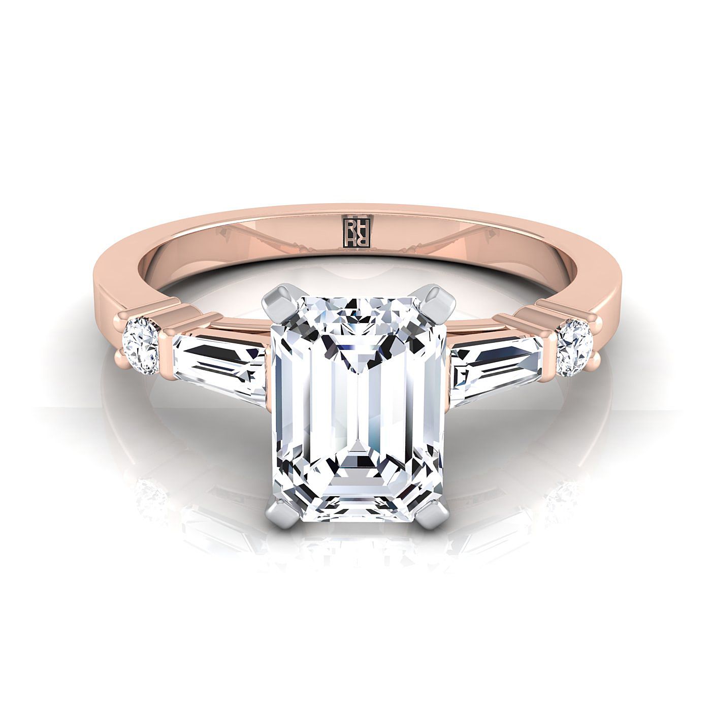 Emerald Cut, Baguette and Round Side Stone Emerald, in 14K Rose Gold, prong setting | RockHer