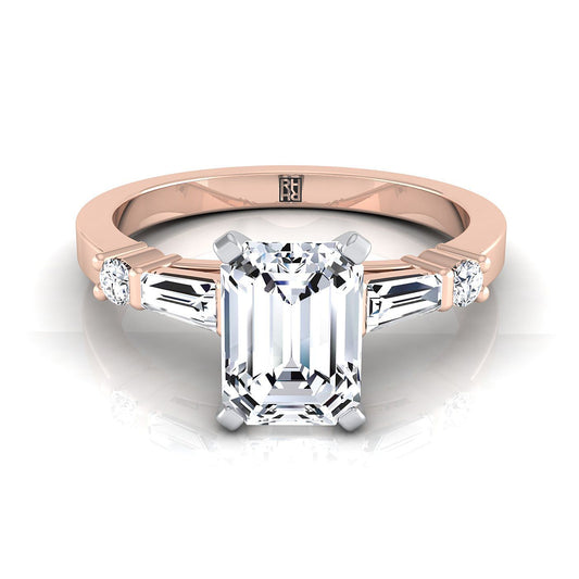 Emerald Cut, Baguette and Round Side Stone Emerald, in 14K Rose Gold, prong setting | RockHer