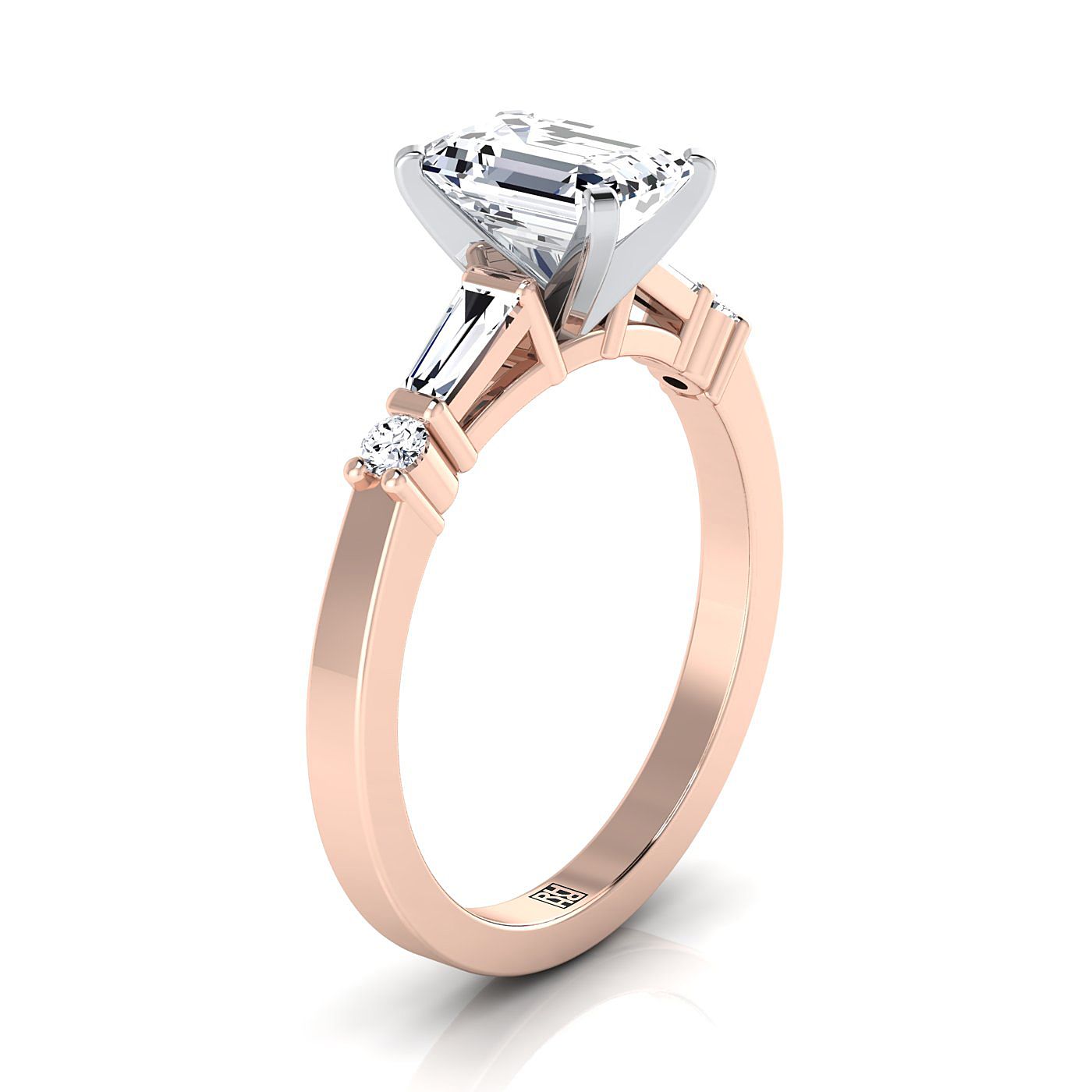 Emerald Cut, Baguette and Round Side Stone Emerald, in 14K Rose Gold, prong setting – side profile | RockHer